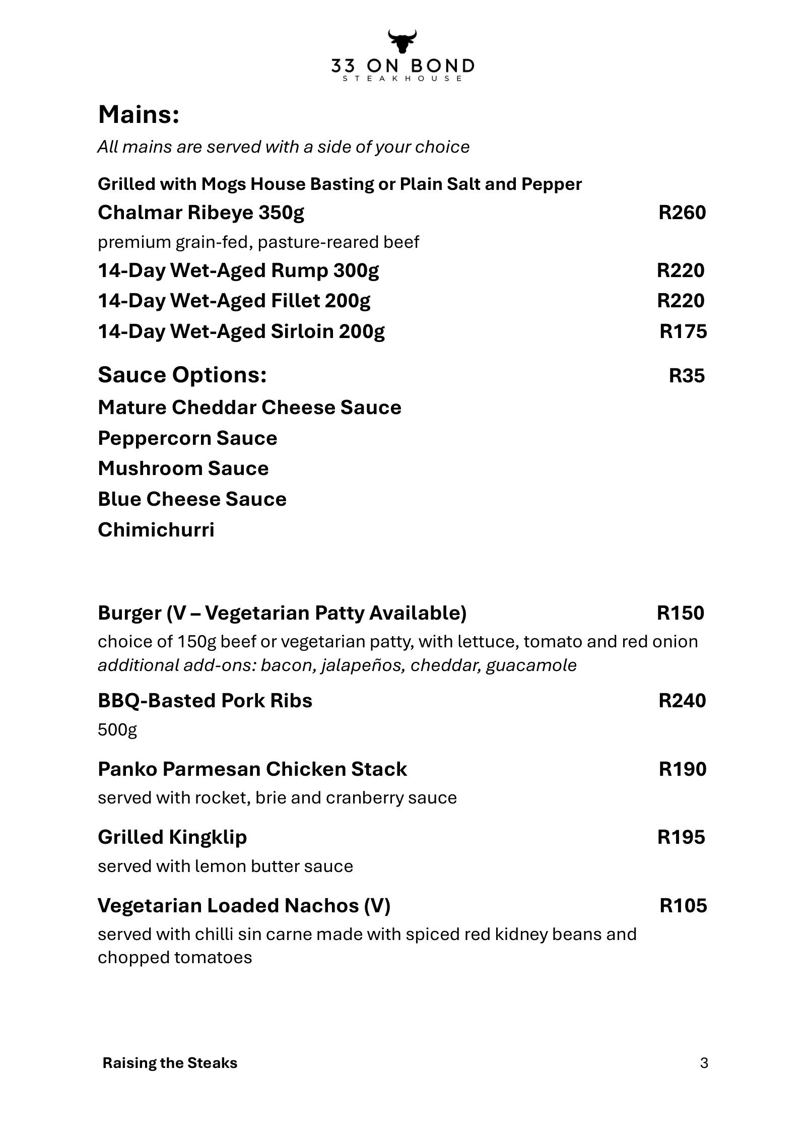 33 On Bond menu, page 3: mains, steaks and sauce options