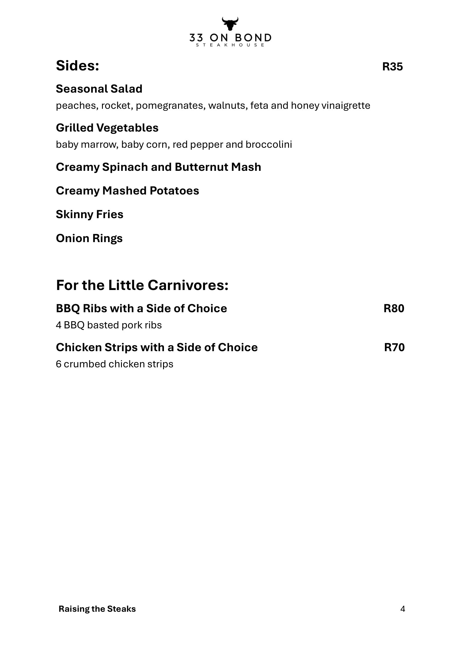 33 On Bond menu, page 4: sides and children's meals