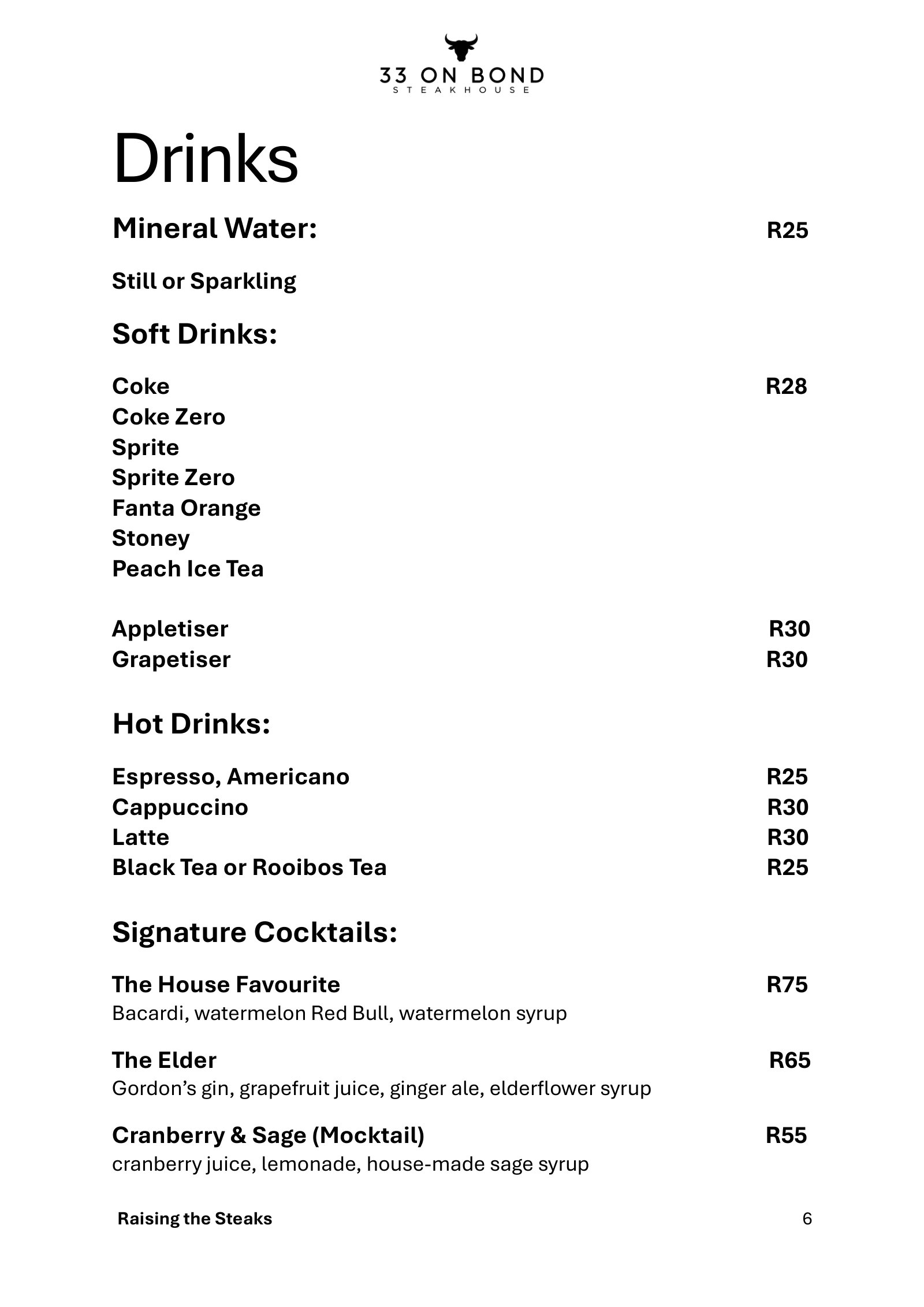 33 On Bond menu, page 6: mineral water, soft drinks, hot drinks and signature cocktails