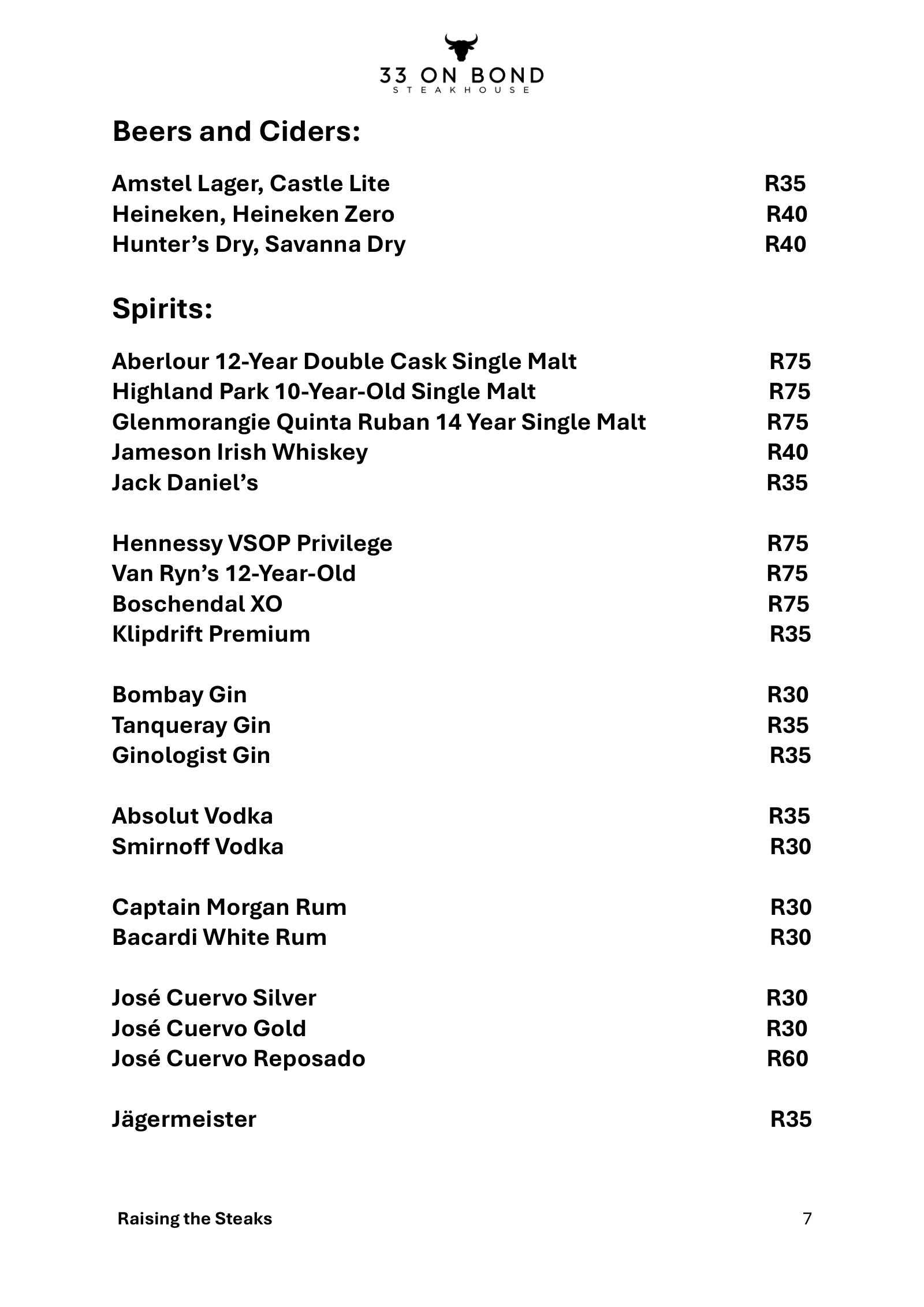 33 On Bond menu, page 7: beers, ciders and spirits