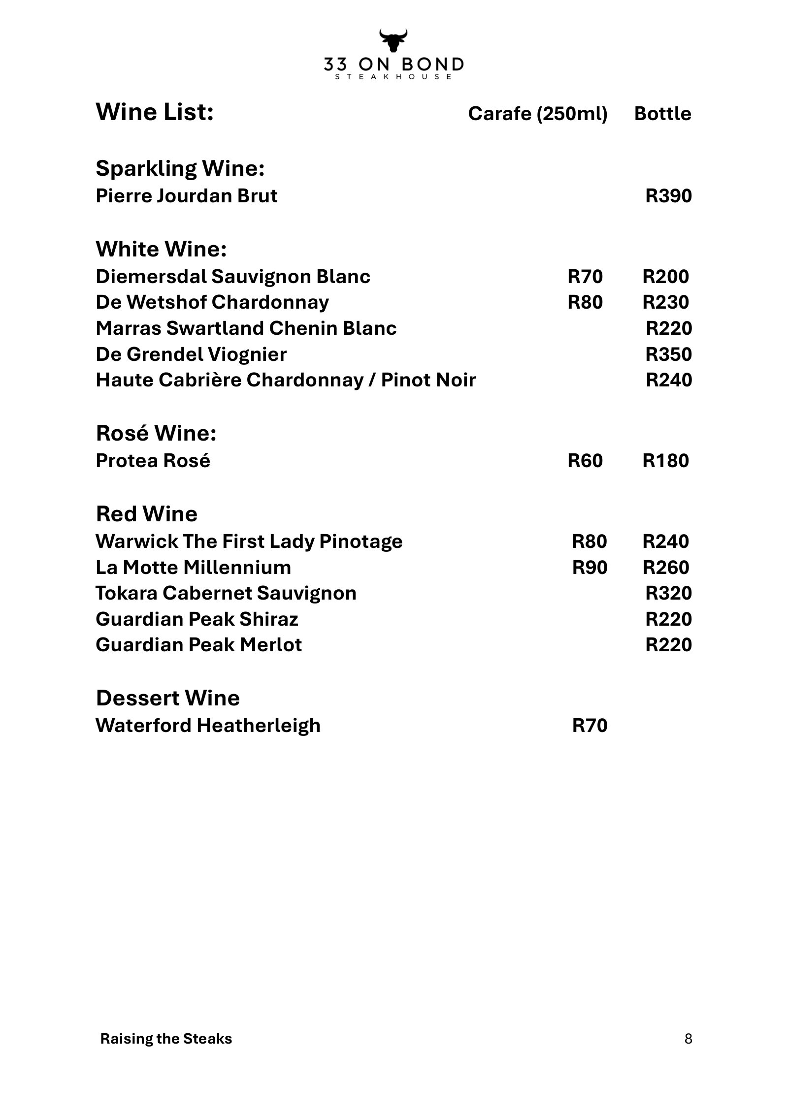 33 On Bond menu, page 8: wine list